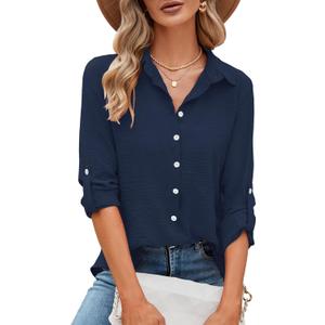 Odosalii Womens Button Down Shirts V Neck Rolled Up Long Sleeve Tops Elegant Dressy Blouses Business Casual Outfits (Blue, L)