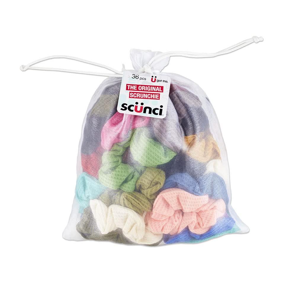 Scunci by Conair The Original Scrunchie Hair Ties, 36 Count Hair Scrunchies for Women, Super-Comfy Waffle Knit, Everyday Style Accessories for Sports and Working Out, Assorted Colors