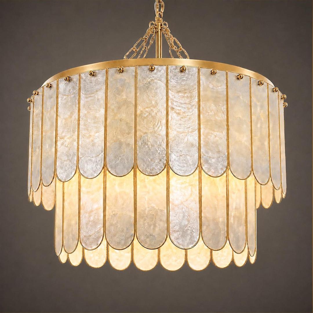 Gold Coastal Capiz Shell Chandelier - 22 Inch Handmade Shells Set in Brass
Bulbs Included, Natural Oyster Seashells, Beach Art Deco Light Fixture for Dining Room, Bedroom, Living Room, Foyer and More