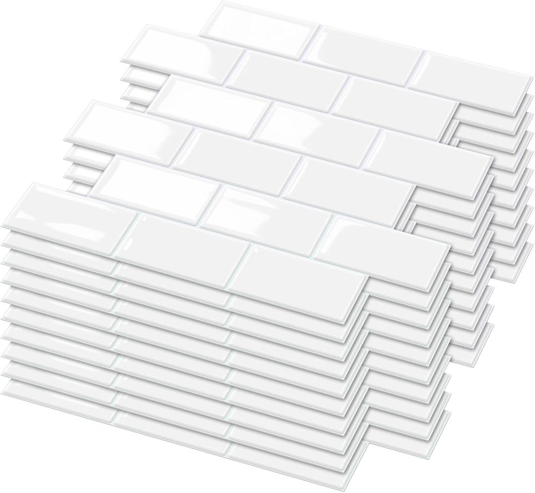 Joysticky 10-Sheet Peel and Stick Backsplash, 12" * 12" Laser Crystal Texture Stick on Tiles Backsplash for Kitchen & BathroomThicker Design Peel and Stick Wall Tiles (White)