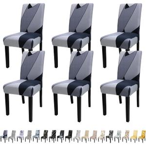 JQinHome Pattern Chair Covers for Dining Room Set of 6, High Stretch Removable Washable Parsons Chair Slipcover for Home Party Hotel Wedding Ceremony (White Grey,6PCS)