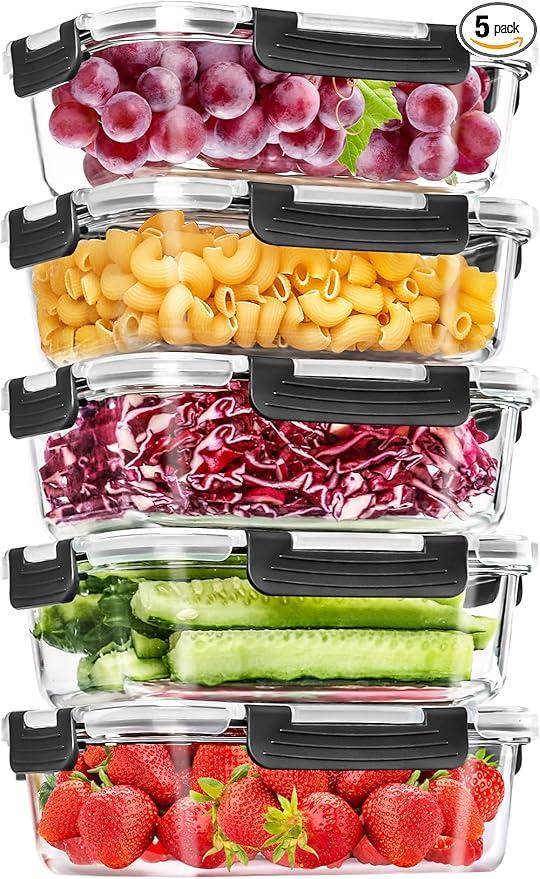Skroam 5Packs 36OZ Glass Food Storage Containers with Lids Airtight, Glass Meal Prep Container for Lunch, Pantry Organizers and Storage, Glass Lunch Boxes for Freezer to Oven Safe, Leak Proof