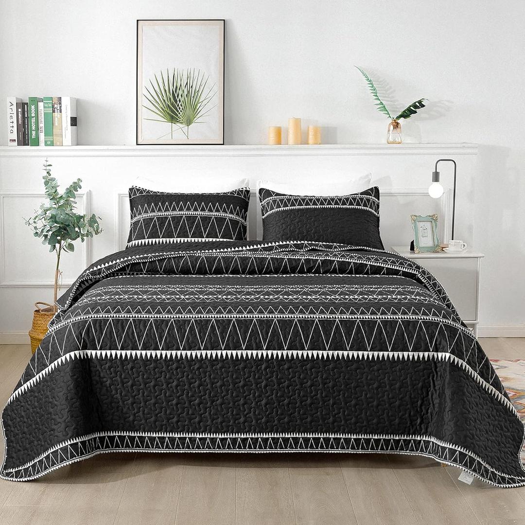 Andency Black King Size Quilt Set, 3 Pieces Boho Lightweight Soft Striped Bedspread for All Season (106"x96"), Printed Bohemian Polyester Reversible Coverlet Comforter Sets