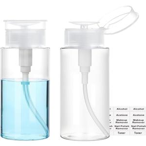 Push Down Pump Dispenser, 3.4oz Clear Pump Bottles with Alcohol, Acetone, Nail Polish Remover, Makeup Remover, Toner Stickers Empty Push Top Container for Liquid (100ml-2Pack)