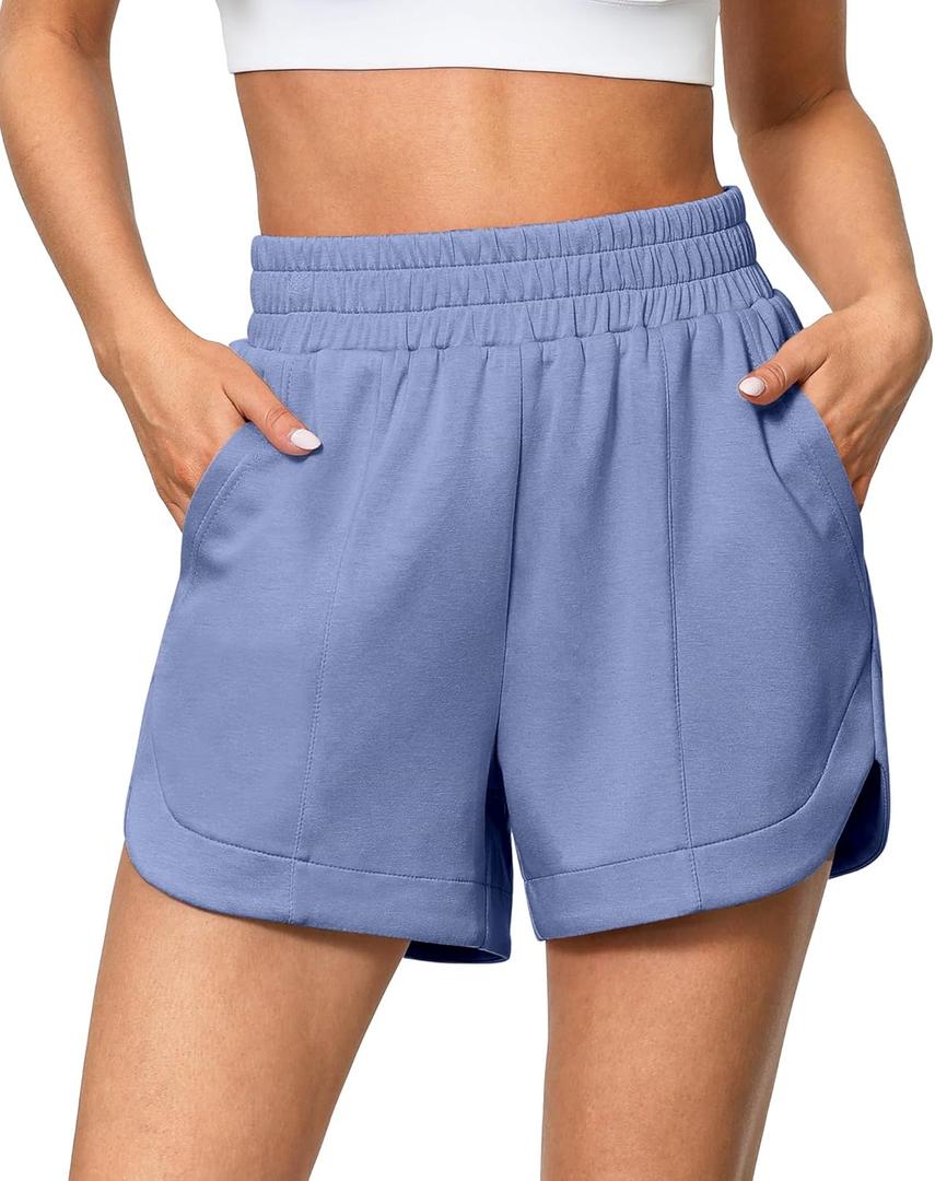 luvamia Athletic Shorts for Women High Waisted Comfy Pull On Elastic Waist Casual Lounge Summer Sweat Shorts with Pocket (X-Large, Blue Blizzard)