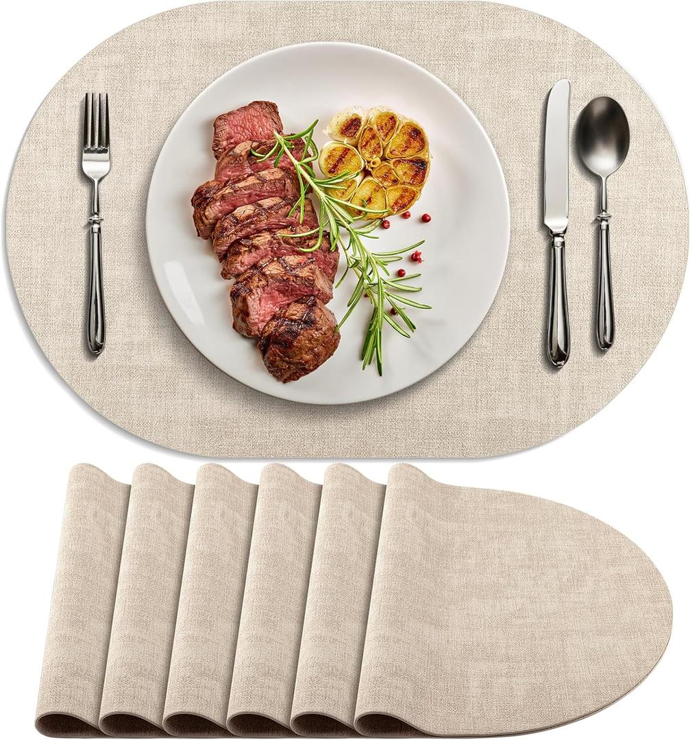 Placemats for Dining Table Set of 6 Non-Slip, Heat Resistant Oval Leather Placemat Double Layer, Waterproof Table Mats Easy to Clean for Kitchen Dining Room Coffee Office Table, Beige