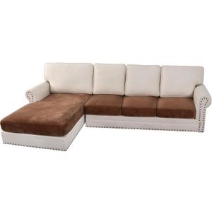 H.VERSAILTEX Velvet Stretch Sectional Couch Covers 4 Pieces Sofa Seat Cushion Covers L Shape Separate Cushion Couch Chaise Cover for Both Left/Right Couch (Large Sofa 3 Seater + 1 Chaise, Caramel)