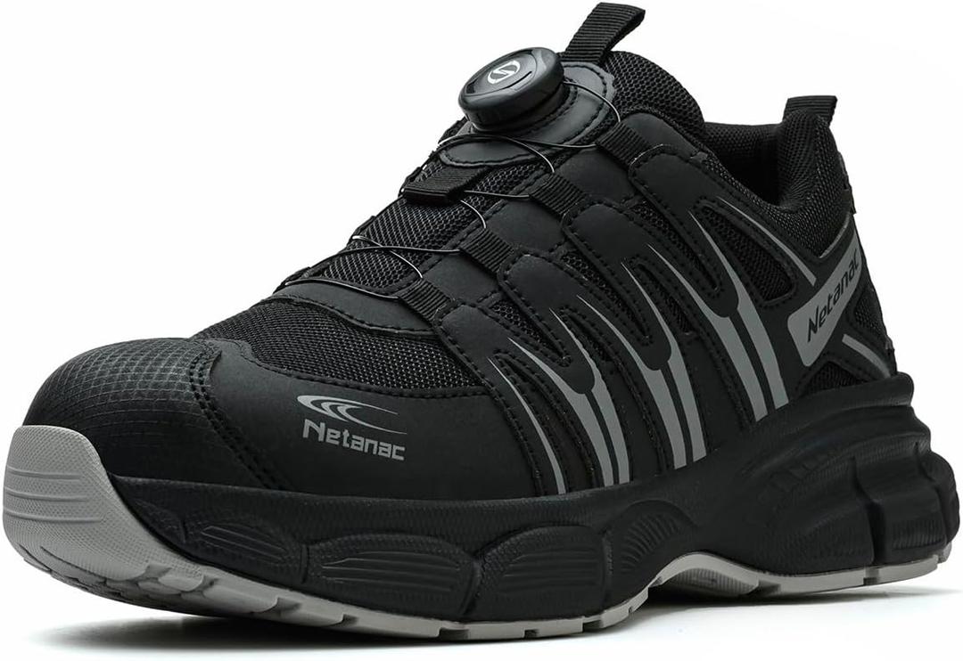 Steel Toe Shoes for Men Women, Comfortable Breathable Safety Sneakers, Lightweight Wide Work Shoes with Durable Soft Sole (9.5 Women/8 Men, Black&gray)
