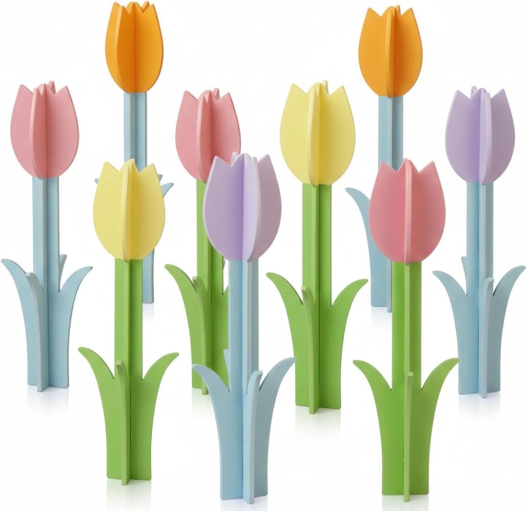AceOrbit 8 Pcs Tulip Home Decor Spring Tulip Table Centerpiece Wood Signs 3D Tulips Pastel Farmhouse Flowers Multicolor Floral Block Tabletop Signs for Spring Party Tabletop Home Decor
