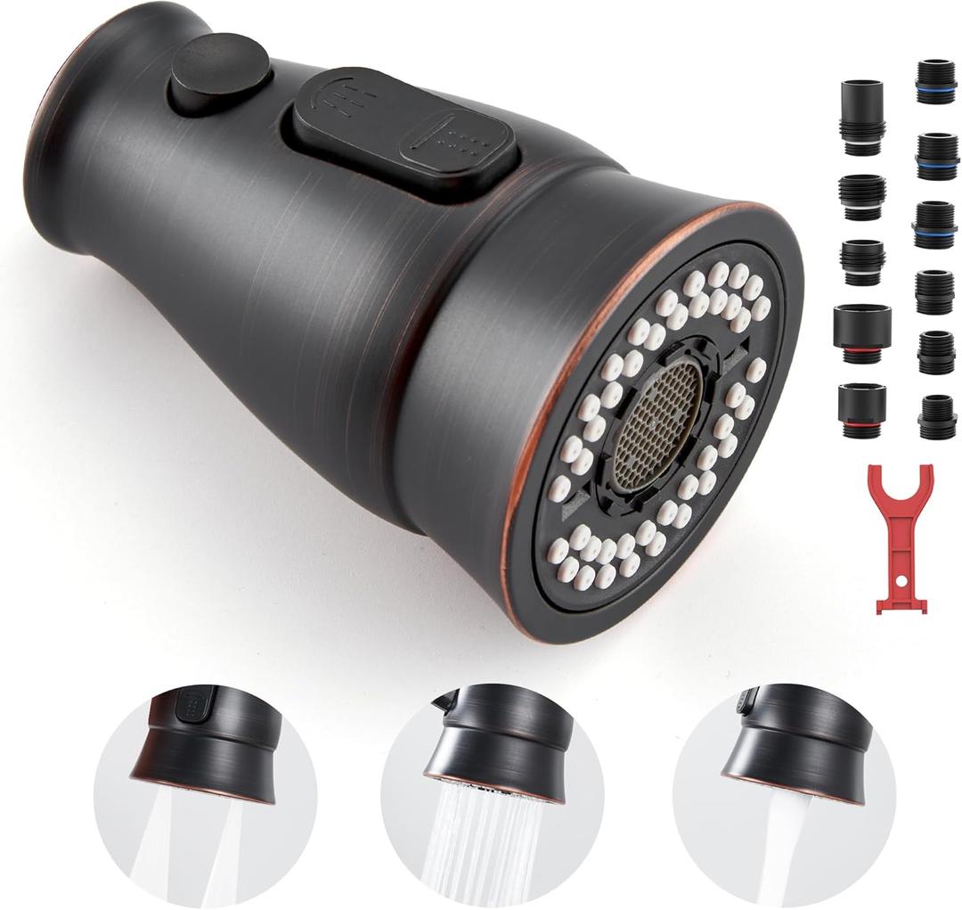 Kitchen Sink Faucet Spray Head Replacement with 15 Adapters, Pull Down Kitchen Faucet Replacement Head, 3 Function Pull Out Kitchen Faucet Spray Nozzle, Oil Rubbed Bronze