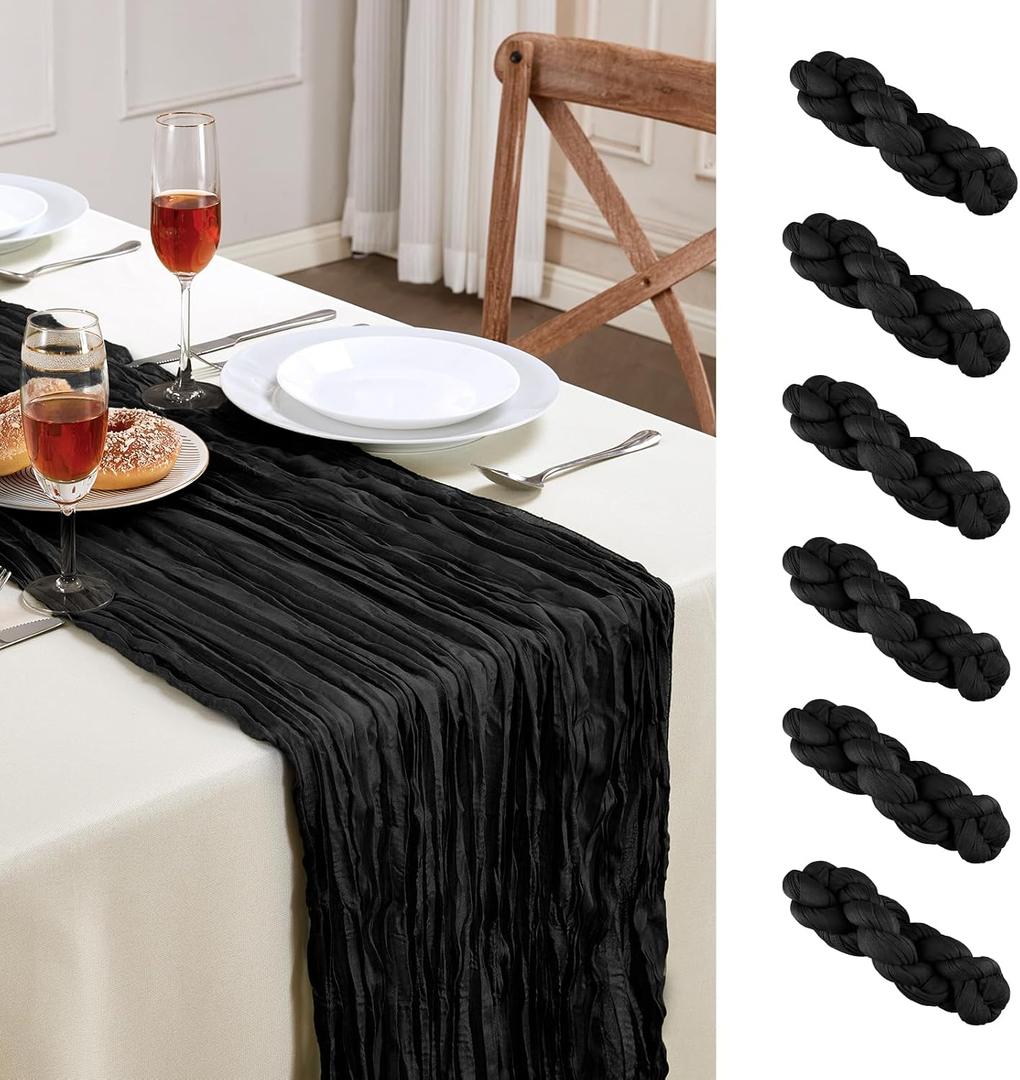 6 Pack Black Cheesecloth Table Runner 10FT Long Boho Gauze Table Runner Rustic Sheer Runner for Halloween Decoration Wedding Baby Shower Birthday Party Table Decor Home Easter Decorations