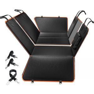 6-in-1 Leather Dog BackSeat Extender, Hard Bottom 40/60 Split Waterproof Car Back/Front Seat Cover, Rear Hammock Carseat Protector, Large Size Pet Mat for SUV/Truck/Cargo, Vehicle Bed Travel Accessory