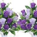 Artificial Rose Flowers Bouquet Realistic Silk Rose Fake Flowers for Wedding Home Centerpieces Party Cemetery Grave Decoration (4 Bouquets, Purple)