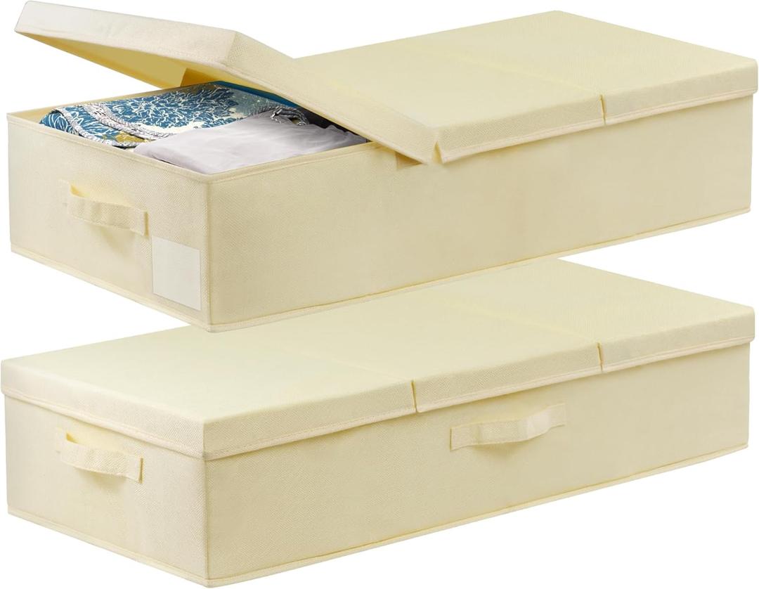 Large Underbed Storage Bags Organizer Container With Lids, Set of 2 Under Bed Storage Organizer Box With Handle, Fabric Under The Bed Storage Bins for Blanket Pillow Comforter & Quilt Wrapping Paper (Beige-2 Pack)