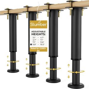 Slumber Adjustable Bed Legs  Heavy Duty Metal Bed Frame Support Legs, Height Adjustable Mattress Sag Solution & Bed Slat Center Support, Reinforced Stability Risers (4 Pcs, 9.8 to 16.5 Inchs)