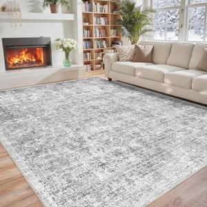 Washable 5x7 Area Rug - Grey Rugs for Living Room, Boho Vintage Low Pile Carpet, Soft, Durable, Foldable Non-Slip Indoor Rugs for Bedroom, Dining Room, Dorm, Coffee Table Under