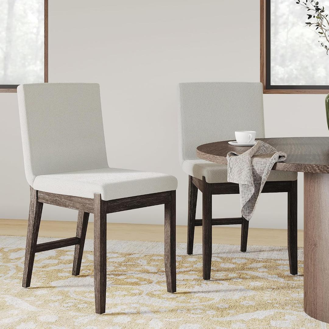 Nathan James Gracie Scandinavian Dining Chair with Cushion, Boucle Dining Chair with Solid Wood Frame, Cream Boucle/Dark Brown, Set of 2