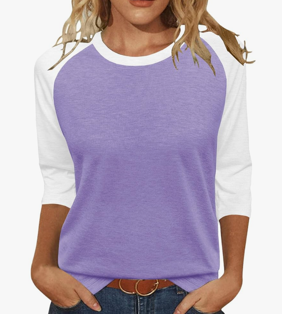 Heymiss Womens Tops 3/4 Sleeve Shirts Round Neck Loose Casual Tshirts Color Block Summer Tees