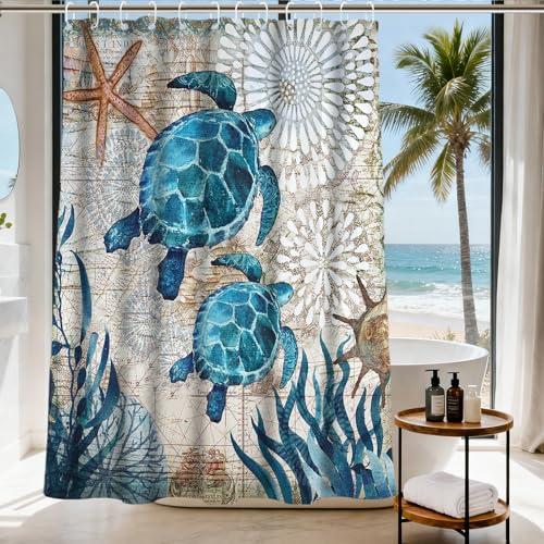 Final Friday Nautical Green Sea Turtles Beach Theme Fabric Shower Curtain Sets Bathroom Blue Ocean Decor with Grommets and Hooks - 72 x 72 Inch Teal