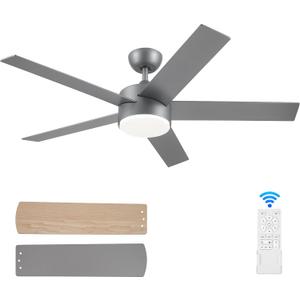 52 inch Ceiling Fans with Lights and Remote Control Silver, Modern Ceiling Fan Dimmable 3 CCT Temperatures 6-Speed, Quiet LED Ceiling Fan for Bedroom, Living Room