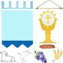First Communion Banner Kit 11 x 15.74 Inch First Holy Communion Banner Kits Felt DIY Decor Set Include White Dove Communions Cup Lamb Grape Skewers for Church Sunday School (Blue)