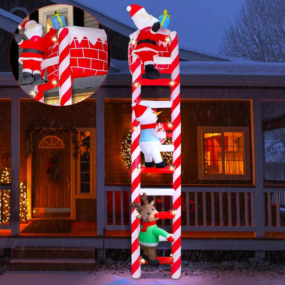 Joliyoou 10FT Christmas Inflatable Decoration, Giant Lighted Ladder to Chimney Climbed with Reindeer Santa Snowman, Xmas Blowups with C7 String Lights for Winter Holiday Roofs Decor