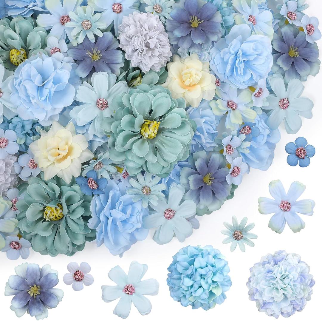 Cindeer 200 Pcs Fake Flower Heads for Crafts Mini Silk Flower Heads Faux Rose Artificial Daisy Blossom Heads Decorative Flowers for Home Bride Bridesmaid Wedding Centerpieces, 2-7 cm(Blue)