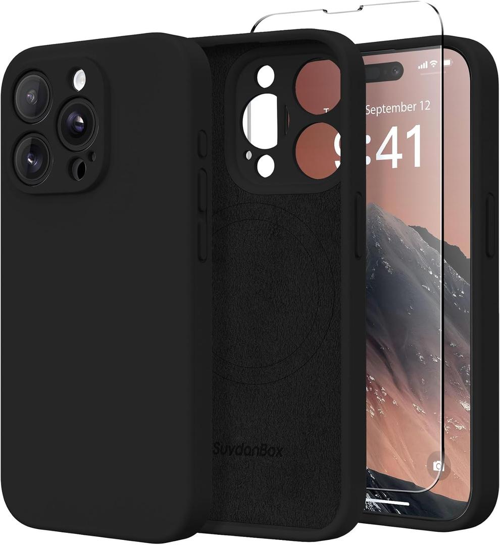 Magnetic for iPhone 15 Pro Case, Compatible with MagSafe, [Full Camera Protection][Screen Protector] Silicone Shockproof Protective Phone Case for iPhone 15 Pro 6.1", Black