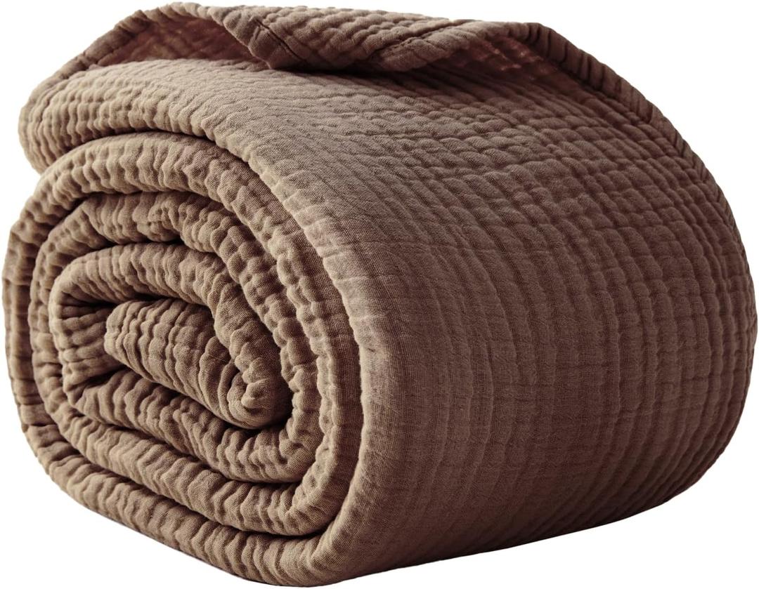 100% Cotton Muslin Blanket Large 50"x 70", Breathable and Lightweight Cotton Throw Blanket for Bed and Couch, Soft Cooling Summer Gauze Blanket for Adults All Season, Linen Brown (07 - Tan)