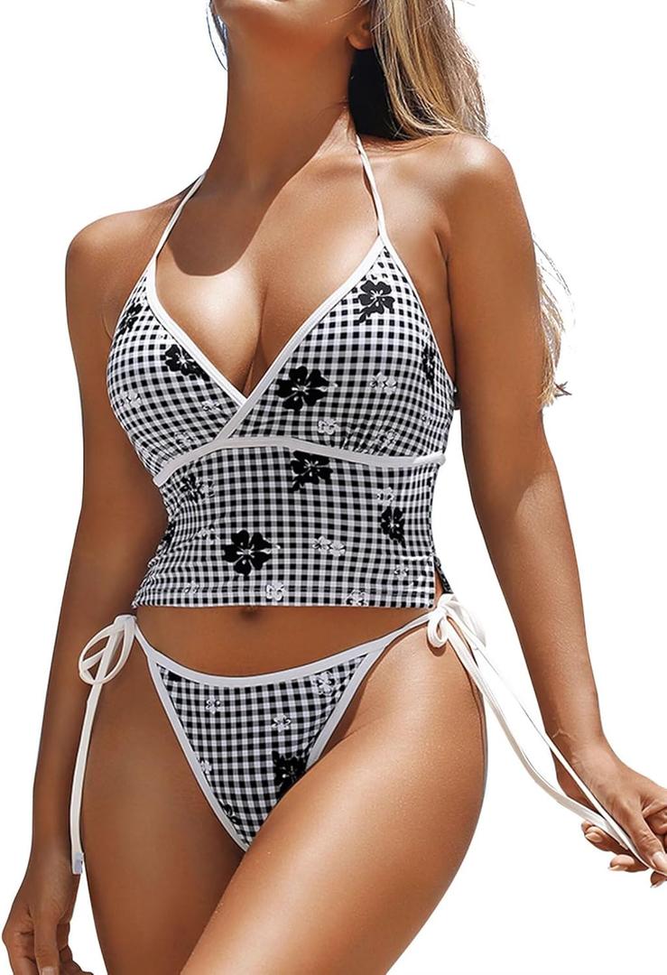 ZAFUL Women's Halter Tankini Swimsuits Cute V Neck Tummy Control Bathing Suit High Cut Tie Side Thong Tankini Set Swimwear (Black White) Small
