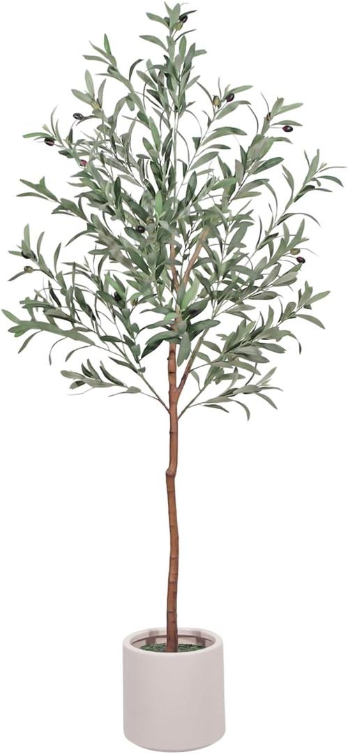Olive Trees Artificial Indoor, 5ft Artificial Plants Indoor with White Planter, Lifelike Fruits and Realistic Leaves - Indoor Tall Faux Olive Trees for Modern Home Office Living Room Decor