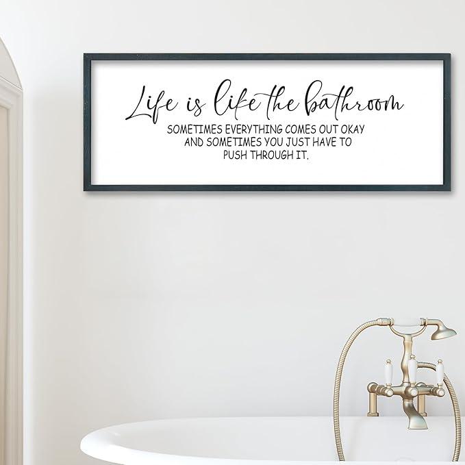 Surfapans Life Is Like The Bathroom Wall Decor, 32"x12" Funny Motivational Humor Quote for Rustic Restroom Toile Plaque, Farmhouse Large above the Bathtub Wooden Framed Art Hanging Sign (Black)