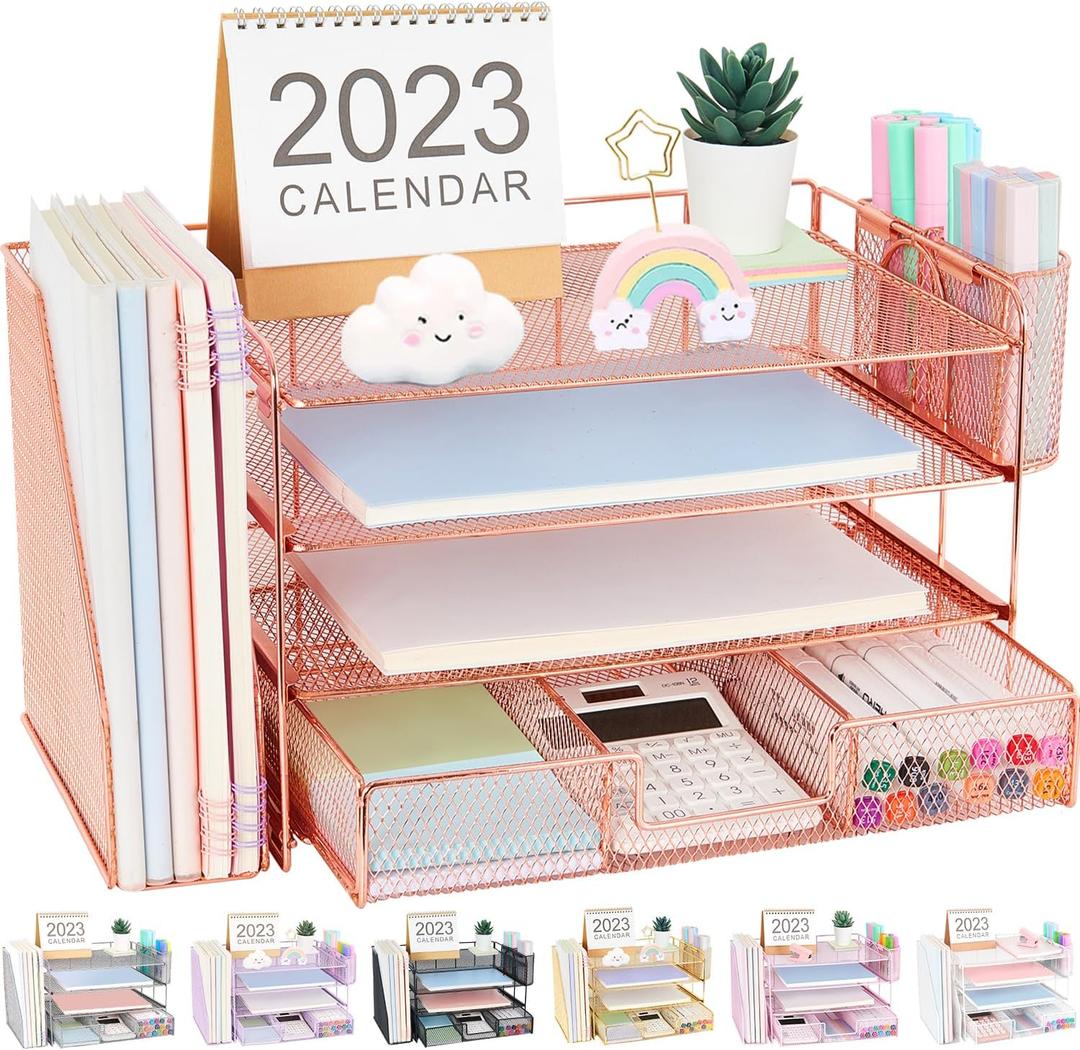 OPNICE Desk Organizers and Accessories, 4-Tier Desktop File Organizer with Drawer and 2 Pen Holders, Office Desk Accessories Workspace Organizers for Office Supplies, Rose Gold