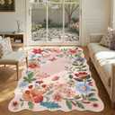 Lahome Floral Washable Rugs, 4X6 Pink Rugs for Bedroom Girls Ultra-Thin Soft Living Room Rug, Non-Slip Stain Resistant Boho Throw Carpet for ‎Nursery Office Flore, Light Pink