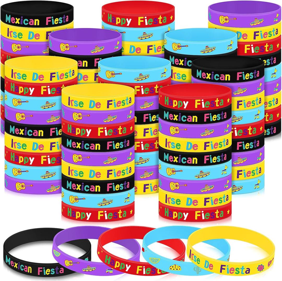 60 Pcs Mexican Fiesta Rubber Bracelets Cinco De Mayo Silicone Wristbands Fiesta Party Mexican Bracelets Cactus Maracas Stretch Wristband for Adults Birthday Party Favors Goodie Bag Stuffers