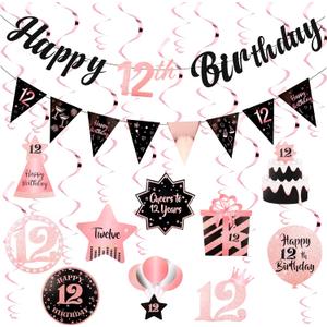 12th Birthday Decorations for Girls Rose Gold Pink Pre Strung Happy 12th Birthday Banner and Hanging Swirls 12 Year Old Party Decorations Supplies