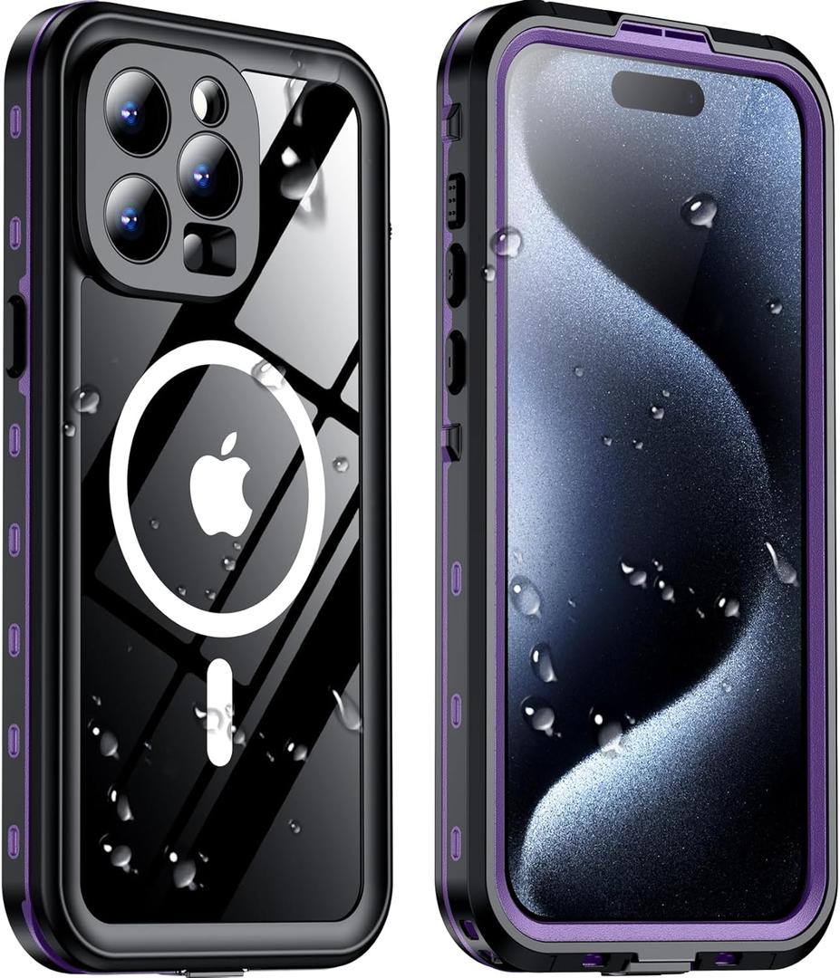 Temdan Magnetic for iPhone 15 Pro Case Waterproof,Built-in Screen Protector[IP68 Underwater][Upgrade Military Dropproof][Compatible with MagSafe] Full Body Shockproof Translucent Case 6.7''-Purple