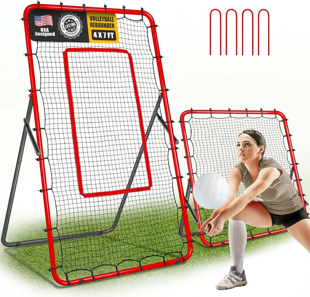 2-in-1 Volleyball Rebounder Net System, Adjustable from 7x4 ft to 4x4.5 ft, 4-Angle Bounce Back Net, Training Equipment for Volleying, Bumping, Spiking Practice, Resists Twisting (Red)
