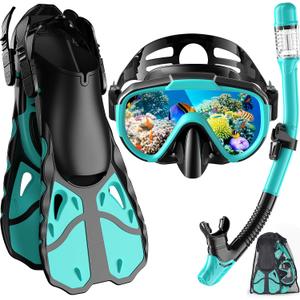 Snorkel Set with Fins for Adults, Snorkeling Gear for Adults Men and Women, Snorkle, Mask Set Adults Dry Top Snorkel Mask Combo Set with Travel Bag for Snorkeling, Diving, Swimming (Cyan, S/M)