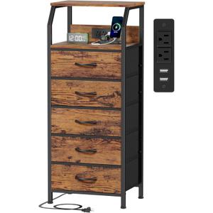 Furnulem 5 Drawers Dresser with Charging Station, Tall Night Stand with Storage Shelf, Fabric Chest of Drawers, Bedside Table for Closet, Entryway, Bedroom Furniture, 3 Ways to Use, Rustic Brown