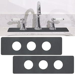 Tioncy 2 Pcs 3 Hole Faucet Mat for Kitchen Sink Kitchen Faucet Absorbent Mat Splash Catcher Sink Drip Catcher for Bathroom Counter(Round Hole,Dark Gray)