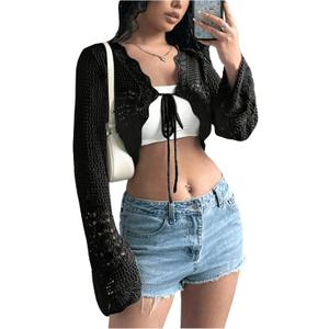 SHENHE Women's Hollow Out Tie Up Bell Sleeve Cropped Cardigan Sheer Crochet Shrug Bolero (Black, Small)