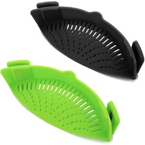 2 Pcs Clip on Strainer, Pot Strainer for Pasta Meat Vegetables Fruit, Silicone Strainers - Fit All Pots Bowls. (Black, Green)