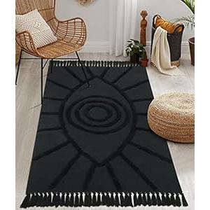 Uphome Boho Area Rug 3'x5' Washable Evil Eye Tufted Bedroom Rug with Tassels Soft Cotton Woven Entryway Rug Modern Minimalist Dark Gray Floor Carpet for Home Living Room Kitchen Hallway