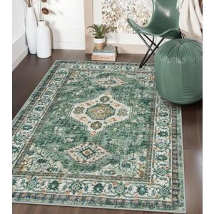 Lahome Oriental Machine Washable Rug, 3x5 Soft Green Rugs for Entryway Dorm, Non Slip Distressed Vintage Throw Carpet for Bedroom Living Room Entrance, Green/Multi