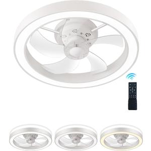 Flush Mount Ceiling Fan with Lights and Remote, Minimalist 20 inches Dimmable Low Profile Ceiling Fan, Matches Any Interior, Stepless Color Temperature Change, and 6 Speeds - White