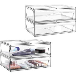 Homeanda 4 Pack Clear Stackable Storage Drawers, 12.1''W Acrylic Plastic Organizers for Makeup, Nail Polish, Snacks, Beauty Supplies, Ideal for Vanity, Bathroom, Undersink, Cabinet, Desk Organization