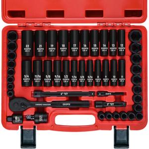 3/8" Drive Impact Socket Set, 50 Piece Standard SAE (5/16 to 3/4 inch) and Metric (8-22mm) 6 Point, with Adjustable Ratchet Handle, Extension Bars, Impact Universal Joint, Adapter, Cr-V Steel