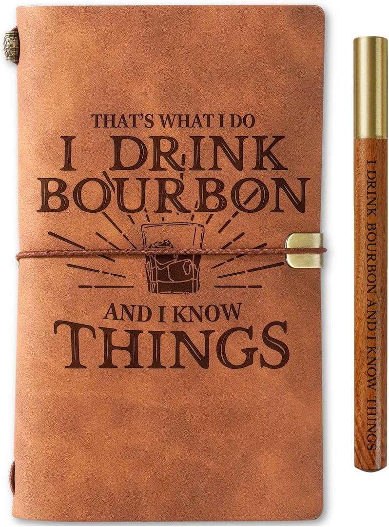 InnoBeta Bourbon gifts Leather Journal Notebook with Pen, for Whiskey Lovers, Men, Women on Birthday, Refillable Sketchbook, Travel Diary, Lined Planner, 7x5 Inches, Brown - I Know Things