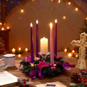 7 Pcs Christmas Advent Wreath with 5 Flameless Candle Set Christmas Advent Wreath Candle Holder with Pinecorn Ribbon Berry Poinsettia Centerpiece Table Decor (Purple,Stylish)